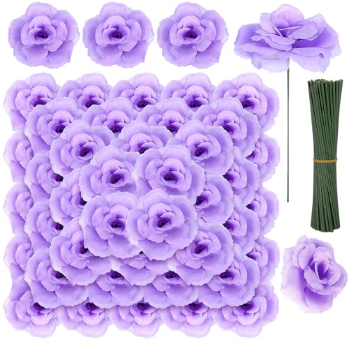 108pcs Roses Head Flowers with Stem, Lavender Artificial Flowers Rose Bulk - Silk Lilac Rose Light Purple Fake Flower for Wedding Bouquet Party Home Decor DIY Baby Shower Centerpieces Tables Decor - color: Lavender