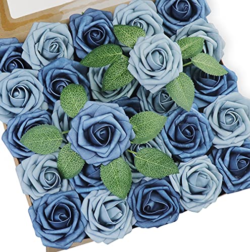 50pcs Artificial Flower，Real Touch Foam Roses w/Stem DIY for Wedding Bouquet Centerpieces Party Shower Home Decor-Dusty Blue Shades - color: Dusty Blue Shades