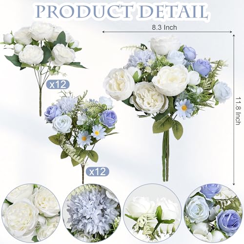 Bundles Artificial Peonies, 24 Bundles Silk Dusty Blue White Peonies with Stems Faux Peony Bundles for Summer Wedding Bouquet Home Bridal Baby Shower Party Centerpieces Vase Office - color: Dusty Blue & White