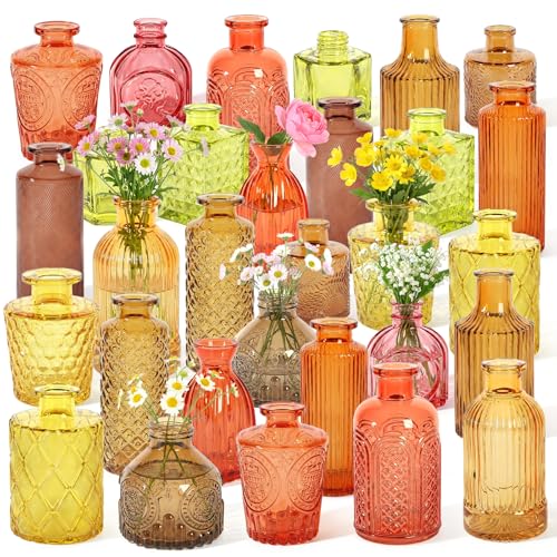 Set of 30 Gold Colored Glass Bud Vases - Small Textured Flower Vases for Centerpieces, Wedding Table Decor, Retro Home Decor Bulk Fall Vase Set for DIY, Events & Gifts - color: Fall Color