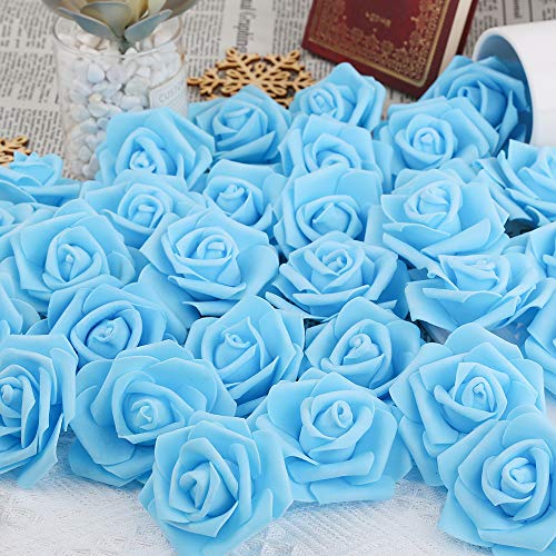Artificial Rose Flower Heads, 100pcs Blue Roses Artificial Flower Foam Rose for DIY Wedding Bouquets Centerpieces Arrangements Party Baby Shower Home Decor (Stemless,Sky Blue) - color: Light Blue, size: 100PCS