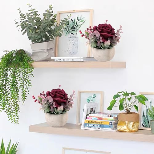 2 Pack Artificial Flowers with Pot, Silk Burgundy Rose Potted Plants Faux Flowers in Vase Small Plants Table Centerpiece Home Office Desk Shelves Living Room Floral Decorations - color: 2 Pack Burgundy Rose