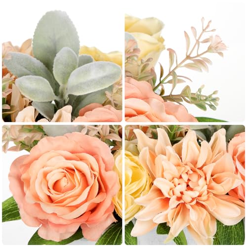 DILATATA Flower Arrangement with Wooden Vase 10" Artificial Flowers in Pot - Fake Flowers in White Rectangular Wooden Vase Potted Faux Flower Centerpieces for Table Decor Living Room - Orange - color: 10"l Orange