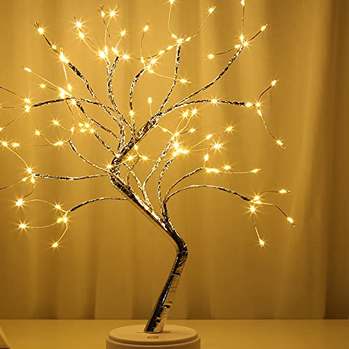 Lxcom Lighting 108 LEDs Silver Copper Wire Table Tree Light 8 Modes LED Twinkle Tabletop Bonsai Tree Lighted USB Plug Battery Operated Artificial Light Decorative Desk Lamp for Home Decor, Warm White