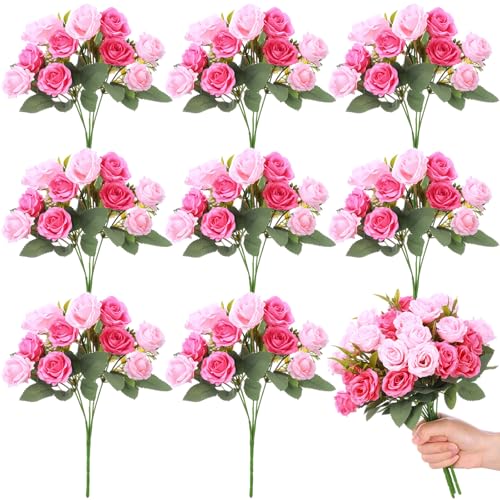 Zeyune 8 Pack Artificial Mini Mixed Pink Roses, 12 Inch Fake Flowers with Stems, 80 Small 1.6 Inch Flower Heads, Silk Mini Rose Bouquets for Wedding Centerpieces, Bridal Bouquets, Home Party Decor - color: Mixed Pink
