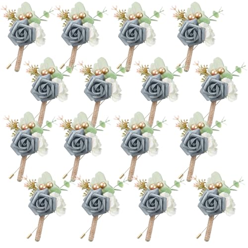Crowye 16 Pcs Boutonniere for Men Wedding with Pins Set Groom and Groomsmen Ceremony Anniversary Corsage Wedding Flowers Artificial Bouquets for Formal Dinner Party Fall Vintage Prom (Dusty Blue) - color: Dusty Blue