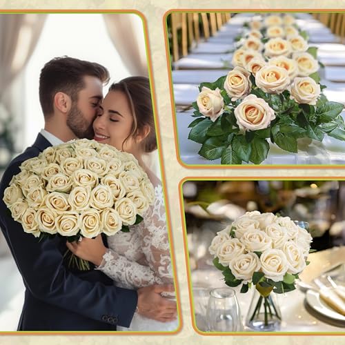 50 PCS Fake Champagne Roses, Artificial Flowers Bulk Realistic Silk Faux Rose with Stems for Wedding Decorations, Bridal Bouquets, Mother's Day Thanksgiving DIY Floral and Home Decor - color: Champagne, size: 50 Pcs