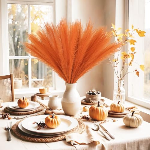obbsie 50pcs Burnt Orange Faux Pampas Grass Decor, 21.6" Short Artificial Fall Pompous Grass Floral Fake Orange Pompas Grass Branches Vase Filler Flower Arrangement for Home Wedding Fall Decor - color: Orange, size: 50 PCS