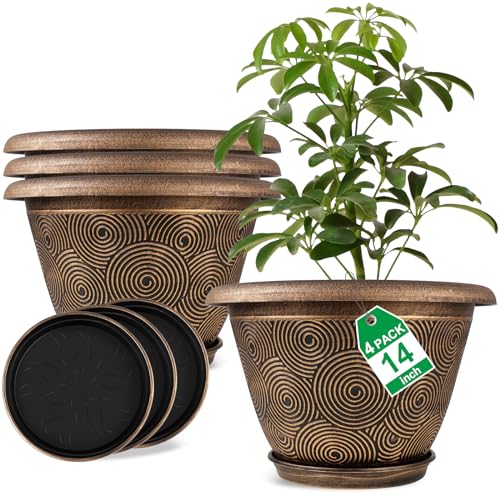 Fodetyff 14 Inch Large Planter Pot for Plants Indoor Outdoor, 4 Pack Plastic Flower Pots with Drainage Hole & Tray, Modern Decorative Garden Pot with Saucer, Plant Container for House - color: Gold, size: 14 inch-4 pack