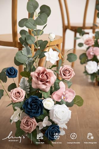 Ling's moment 17.5" Tall Standing Artificial Flowers Arrangements 4 pcs Wedding Aisle Runner Chair Decorations Dusty Rose Navy Centerpieces for Ceremony Reception Rose Floral Party Outdoor - color: Pk-dusty Rose & Navy