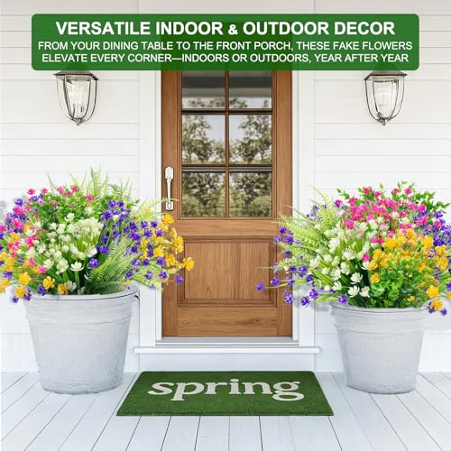 TURNMEON 20 Bundles Artificial Flowers for Outdoors, Summer Spring Grass Camellia Fake Flowers Fern Plants Eucalyptus, UV Resistant No Fade Faux Greenery for Gardens Cemetery Decor(Mixed 6 Styles 2) - color: Mixed 6 Styles 2, size: 20 Bundles