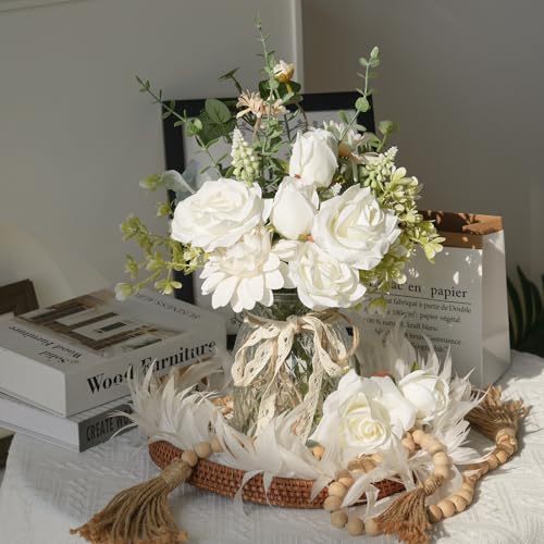 CEWOR Fake Flowers in Vase, Artificial Flowers Arrangement in Vase, Fake Floral Table Centerpieces Decor for Kitchen Farmhouse Coffee Table Living Room Bathroom Plant Decor - color: White