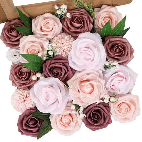 Artificial Flowers Combo Dusty Pink White Roses with Stems Leafs Bouquets Bridal Wedding Shower Decorations Fake Floral for Party Table Centerpieces - color: Wine