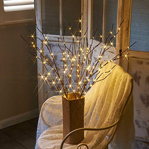 Hairui Lighted Twig Brown Branch with Fairy Lights 32in 150 LED Plug in Lighted Willow Branch for Christmas Wedding Party Decoration 2 Sets (Vase Excluded) - style: Brown+Warm White 2set