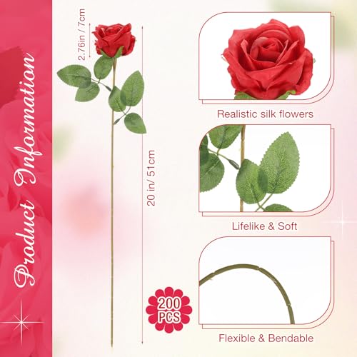 Lyrow 200 Pcs Artificial Roses Realistic Flowers Bulk Real Looking Fake Silk Rose Bouquets with Long Stem Flowers for Wedding Table Centerpieces Bridal Shower Party Home Garden Decor (Red) - color: Red