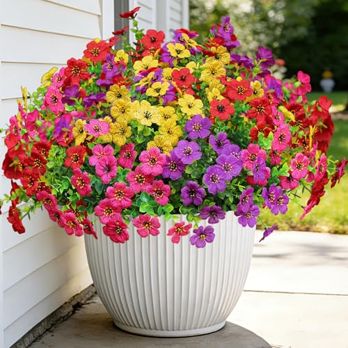 Artificial Flowers for Outdoors, Fake Faux Plants Outside Realistic Spring Summer Decor, UV Resistant Silk Flowers for Home Porch Garden (12, Purple Red Yellow Hot Pink) - color: Purple Red Yellow Hot Pink