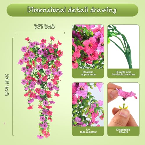 Artificial Hanging Flowers for Outdoors, 6PCS Faux Silk Artificial Flowers for Outdoors, UV Resistant Fake Flowers, No Fade Trailing Greenery, Decor for Home Porch Patio Balcony Garden Yard - color: Purple + Rose Red