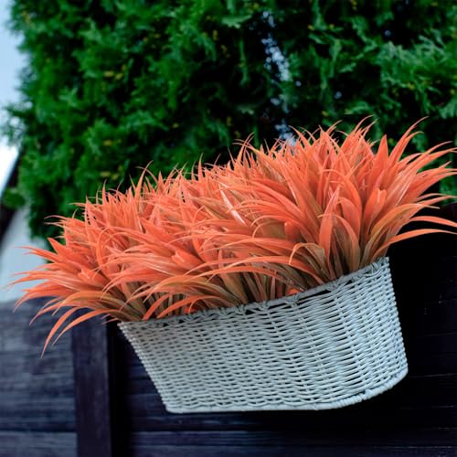 8 pcs Fall Artificial Flowers for Outdoors Fake Orange Fall Grass Plants Yellow Faux Mum Greenery Bushes for Autumn Outside Front Porch Patio Garden Plastic Mums Shrubs Decor - color: Orange Green Grass Plant, size: 8pcs