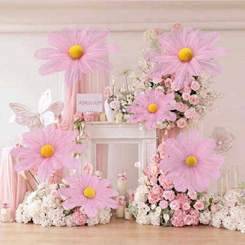 6 Pcs Pink Large Daisy Flowers for Decoration 12'' 15.8'' 20'' Giant Silk Artificial Flower Fake Daisy for Wedding Garden Birthday Party Bridal Baby Shower Decor, Rod is Not Included - color: Pink