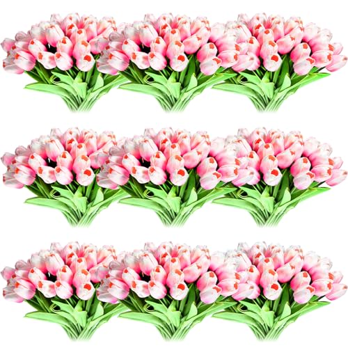 Jexine 100 Pcs Artificial Real Tulips Fake Artificial Tulip Flower Bulk Bouquet with Stem for Table Centerpieces Wedding Bridal Easter Mother's Day Garden Home Decor, 13.4''(Light Pink) - color: Light Pink