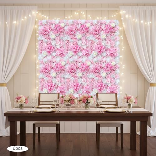 12 Pcs Artificial Flower Wall Panels Silk Dahlia Rose 3D Faux Flower Backdrop Panels Background Decorative for Wedding Celebrations Festive Party Home, 23.62 * 15.74in (Pink-8) - color: Pink-8