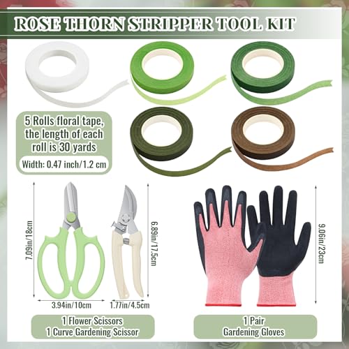9 Pcs Rose Thorn Remover Set Include 1 Flower Thorn Stripper Tool 5 Floral Tape 1 Flower Scissor 1 Curve Gardening Scissors 1 Pair Gardening Gloves for Valentine Women Mother Gift (Green) - color: Green