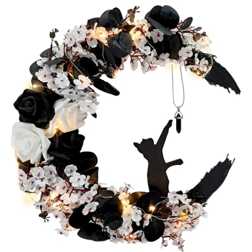Halloween Wreaths for Front Door, Flower Moon Cat Halloween Home Decoration, Fall Winter Family Gathering Decoration Wreath Outdoor Wall Closet Fence Spooky Wreath(Moon Cat White13.7in×9.8in) - color: Moon Cat - White