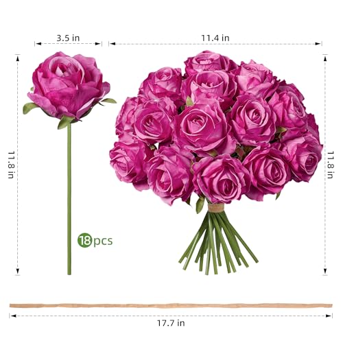 Ivydale 18pcs Hotpink Roses Artificial Flowers, Fake Roses Silk Flowers with Stems Realistic Bouquet for Mother's Day Wedding Party Home Decoration DIY Centerpiece Floral Romantic Gifts - color: Rose-hotpink
