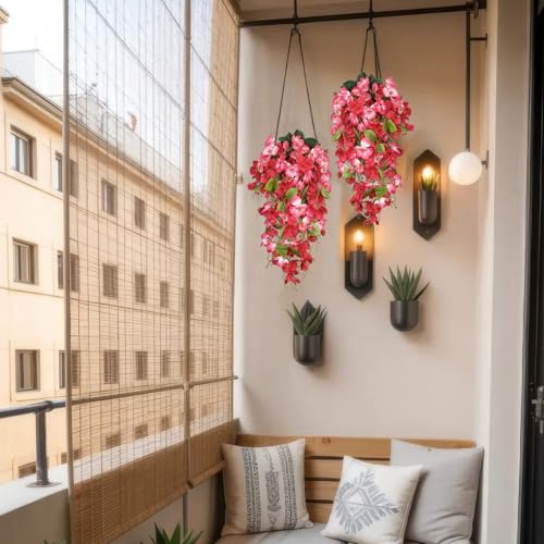 2 Pcs Fake Hibiscus Flowers Artificial Hanging Flowers Plants Outdoors Realistic UV Resistant Spring Summer Decor Red Pink Silk Faux Hibiscus Flower Trailing Vines for Front Door Porch Outside - color: Pink and Red