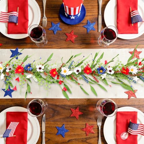 6.5Ft Patriotic Garland, Red White Blue Artificial Wildflower 4th of July Garland, Independence Day Memorial Day Floral Vine for Mantle Stair Porch Table Home Decor - color: Red White and Blue02