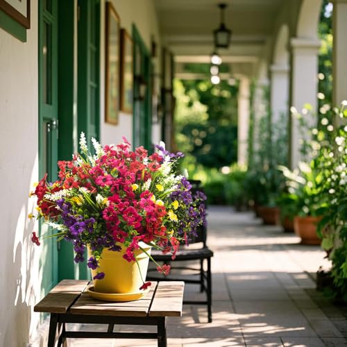 Grunyia 20 Bundles Artificial Flowers Outdoor No Fade UV Resistant Fake Plastic Flowers Faux Plants for Garden Patio Porch Window Box Home Wedding Farmhouse Hanging Décor - color: Mix