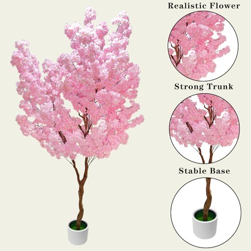 Cherry Blossom Tree 7ft, Pink Artificial Cherry Tree Fake Pink Tree for Wedding Party Home Living Room Decor - size: 6ft 11in