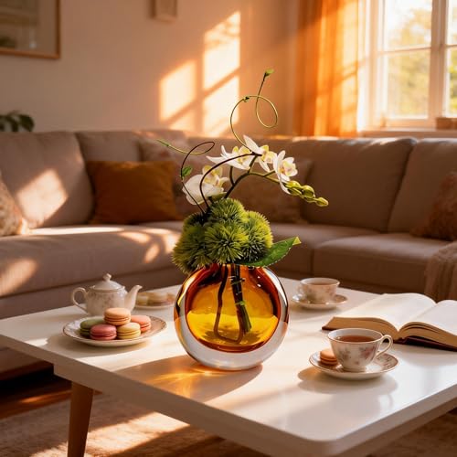 Artificial Orchids, White, in Translucent Bubble Glass Vase, Amber | Look Real, Realistic Appearance, Flower Arrangement - color: Amber