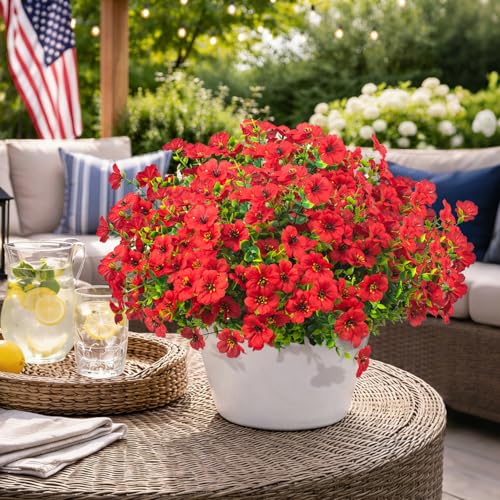 Grunyia 20 Bundles Artificial Flowers for Outdoors, UV Resistant Fake Plants Flowers Greenery Shrubs Plants for Decoration Outside Plants Hanging Planter Home Garden Decor (Red) - color: Red