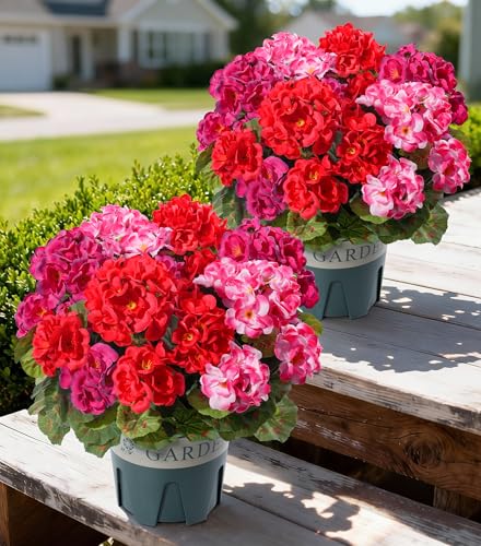 Geraniums Artificial Flowers for Outdoors, 2 Pack Potted Plants Faux Geraniums Bush Artificial Topiaries Realistic UV Resistant Fake Flowers Greenery for Outside Gardens Porch Patio Yard Indoor, Mix - color: 4 Red, 4 Fuchsia, 4 Pink