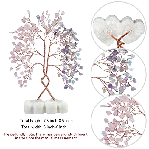 mookaitedecor Natural Rose Quartz & Fluorite Crystal Tree with Double Heart Rock Quartz Crystal Cluster Stone Base Bonsai Money Tree of Life Home Wedding Decoration - color: Pink & Multicolor