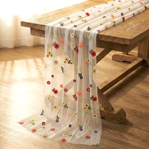 VAIPI Embroidery Floral Table Runner Rustic Spring Summer Wildflower Tulle Table Runner Vintage Flower Tabletop Runners Decoration for Home Wedding Party, 108 x 24.5 inch (Multicolor Flowers) - color: Multicolor Flowers, size: 108*24.5 inch