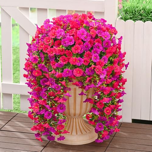 Dolicer 4 Packs Look Real Artificial Flowers for Outdoors, Fake Artificial Hanging Flowers for Outdoors Realistic UV Resistant Faux Hanging Flowers Silk Petunia for Porch Patio (Fuchsia+Rose Red) - color: Fuchsia+rose Red, size: 4 packs
