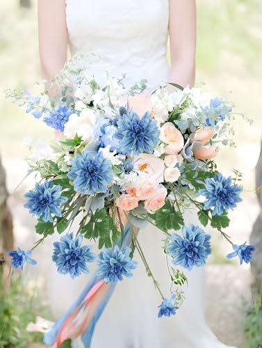 6PCS Artificial Dahlia Flowers 27.5’’ Royal Blue Dahlias Fake Silk Flowers with Stems for Vase Table Centerpiece Home Wedding Party Garden Decoration(Royal Blue) - color: Royal Blue