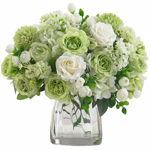 8 Pcs Mixed Artificial Peony Flowers Set-4 Bouquets & 4 Stems, Green Fake Peony Rose Hydrangea Flower for Vase Silk Floral Arrangements for Table Centerpiece Wedding Party Bridal Decoration Home Decor - color: Green, size: Mixed 8pcs