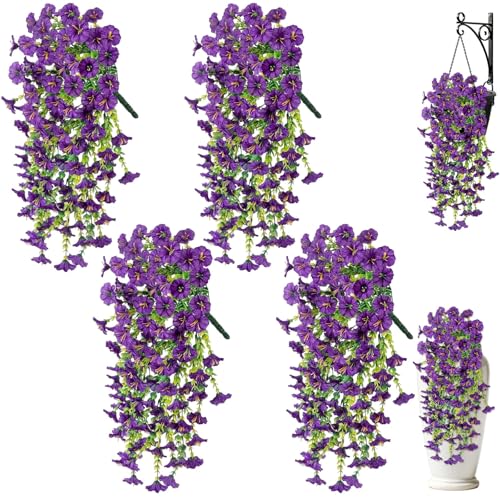 Artificial Hanging Flowers for Outdoors, 4Pcs UV Resistant Artificial Hanging Morning Glory Flowers, Spring Realistic Faux Outdoor Flower for Porch Patio Yard Garden Farmhouse Decor (Purple) - color: Purple