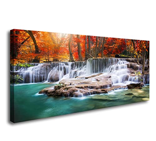 Aibonnly Wall Art Canvas Painting Red Forest Waterfalls 1 Piece Modern Landscape Tree Picture Poster Print Framed and Stretched Ready to Hang for Living Room Bedroom Kitchen Office Home Decor - color: Red, size: 48"L x 24"W