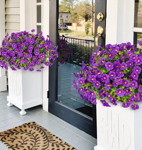 Ouddy Decor 24 Bundles Artificial Flowers for Outdoors Decoration Fake Silk Morning Glory Flowers Faux Eucalyptus Plants UV Resistant for Porch Patio Garden Spring Summer Home Decor, Purple - color: Purple