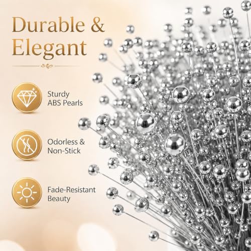 60 Pieces Pearl Stick Stems Bouquets, 4mm Bead String Garland Beaded Spray Filler Floral Arrangements Tree Picks Wedding Party Decoration, Mother's Day Flower Decor, Christmas Tree Picks (Silver) - color: Silver
