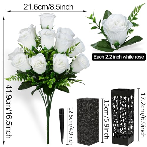 Artificial Cemetery Flowers, Grave Memorial Flowers, Set of 2 Artificial Rose Bouquet with Vase for Cemetery Headstones Gravesites Decoration (White) - color: White