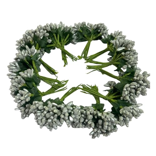 144pcs Artificial Mini Silver Flower Stamen Pistil and Soft Stem,20mm Tiny Berry for DIY Make Bridal Hair Clips,Cake Top,Wrist Corsage Boutonniere,Candle Rings Wreath Bracelet Flower - color: Silver