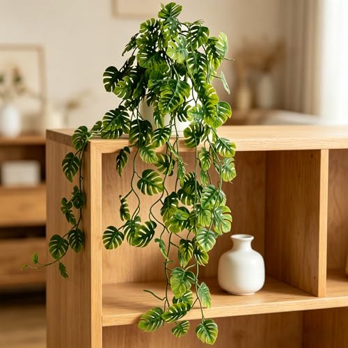 CLONG Artificial Hanging Plants Fake Monstera Hanging Plant UV Resistant Plastic Plants for Outdoor Decoration (6, Green)