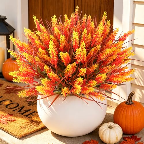 AmyHomie 16 Bundles Fall Orange Artificial Lavender Flowers with Monkey Grass, UV Resistant Faux Greenery for Outdoor Patio, Fall Planters, Autumn Garden, Farmhouse Decor & Thanksgiving Arrangements - color: Lavender Fall Orange, size: 16