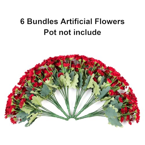 Daisy Artificial Flowers for Outdoors Decoration, 6 Bundles Fake Plants Flowers Bouquet Faux Flowers for Outdoor Planter Look Real UV Resistant Silk Flowers for Outside Front Door Porch Patio, Red - color: Red