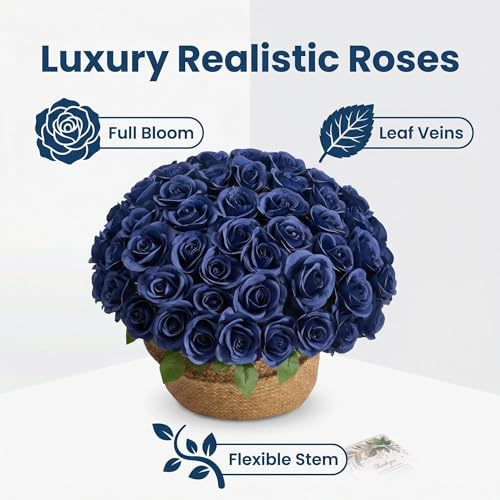 55 Pcs Navy Blue Roses Artificial Flowers Bulk, Artificial Roses Fake Flowers with Adjustable Stems, Soft Foam Roses for DIY Wedding Bouquets, Bridal Shower Centerpieces, Home Party Decor - color: Navyblue